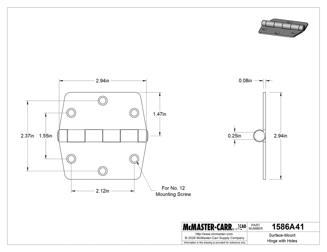 Technical Drawing of Surface-Mount Hinge with Holes, Polished 304 Stainless Steel, Nonremovable Pin, 3" x 1-1/2" Leaves.